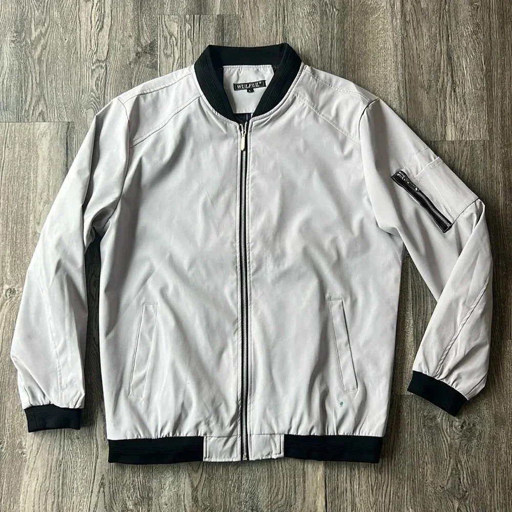 Wulful Jacket Gray White Casual Lightweight Bomber Jacket Size Large Zip Up